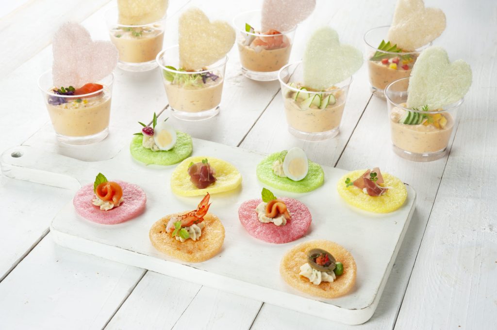 Colorful French hors d'oeuvres with Sa Giang Shrimp Chips. 